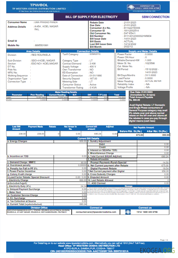 INDIA TPWODL utility bill Word and PDF template